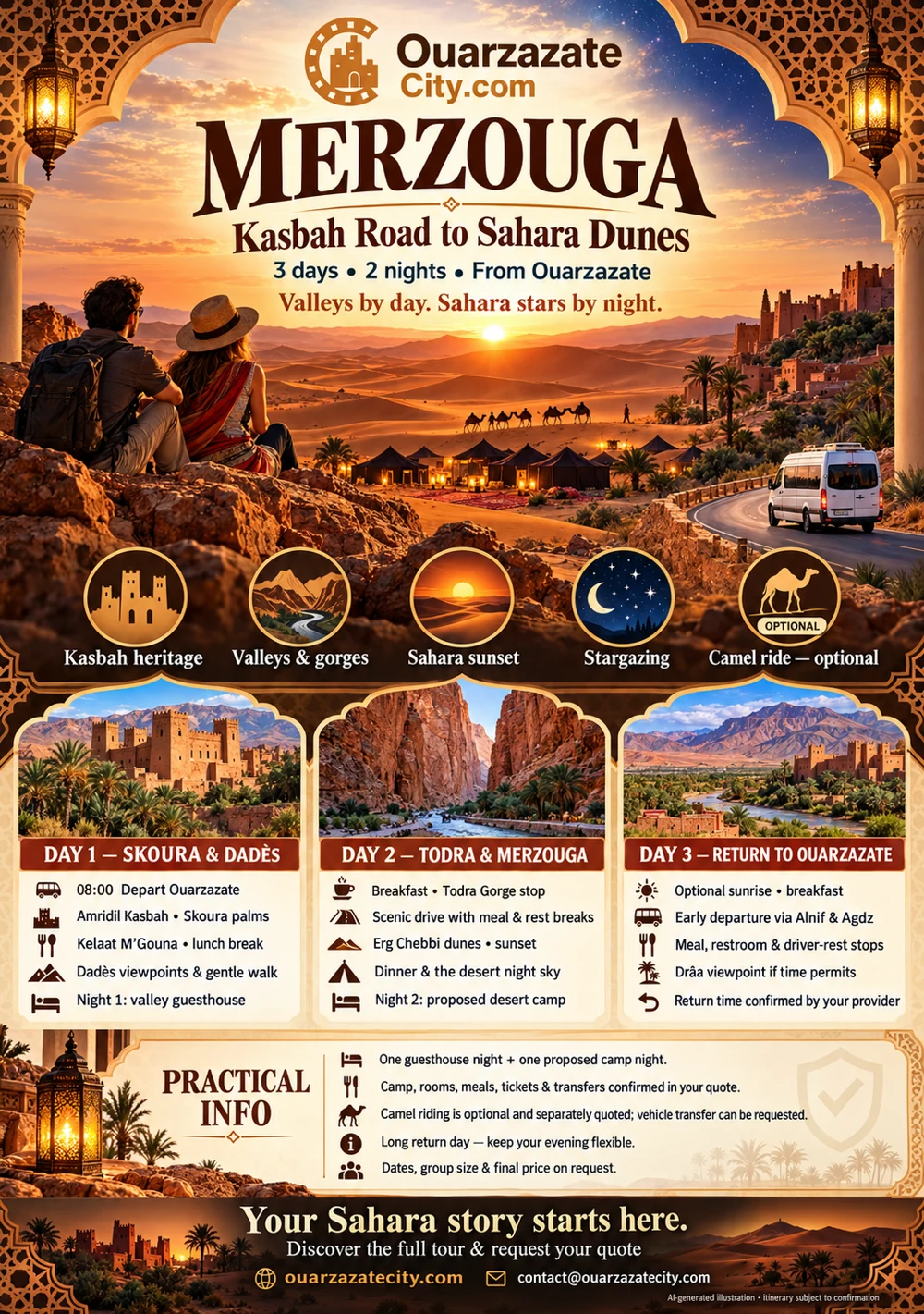 Merzouga Sahara three-day tour flyer