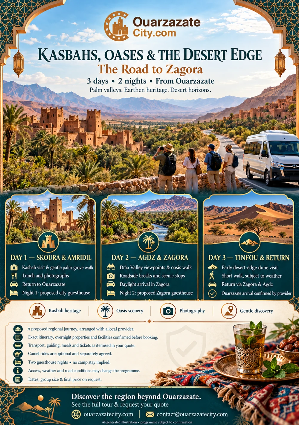 Kasbahs oases and Zagora three-day tour flyer