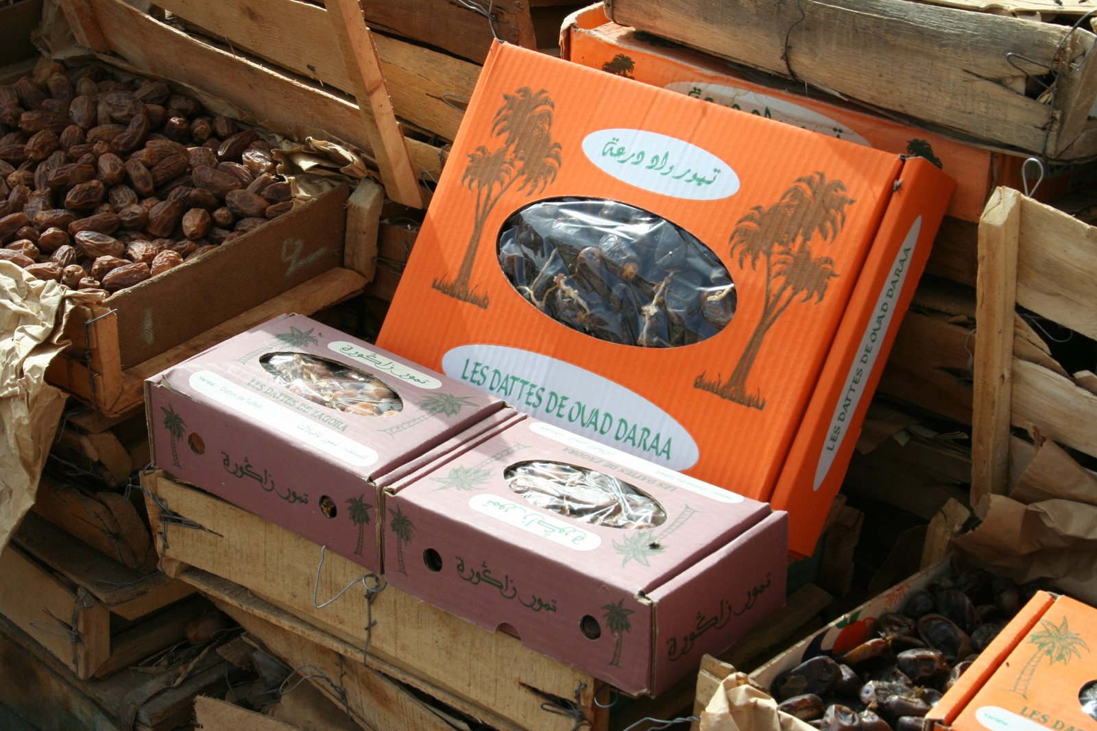 Dates in boxes and sacks at a Draa Valley market.