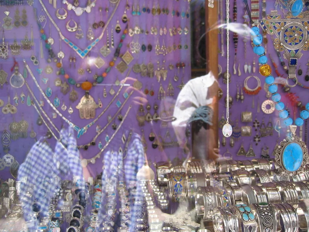 Handcrafted necklaces and bracelets displayed in a Moroccan shop