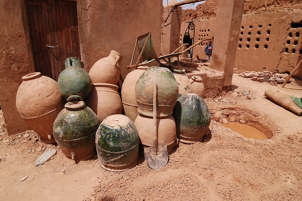 Handmade pottery jars photographed in Tamegroute, Morocco