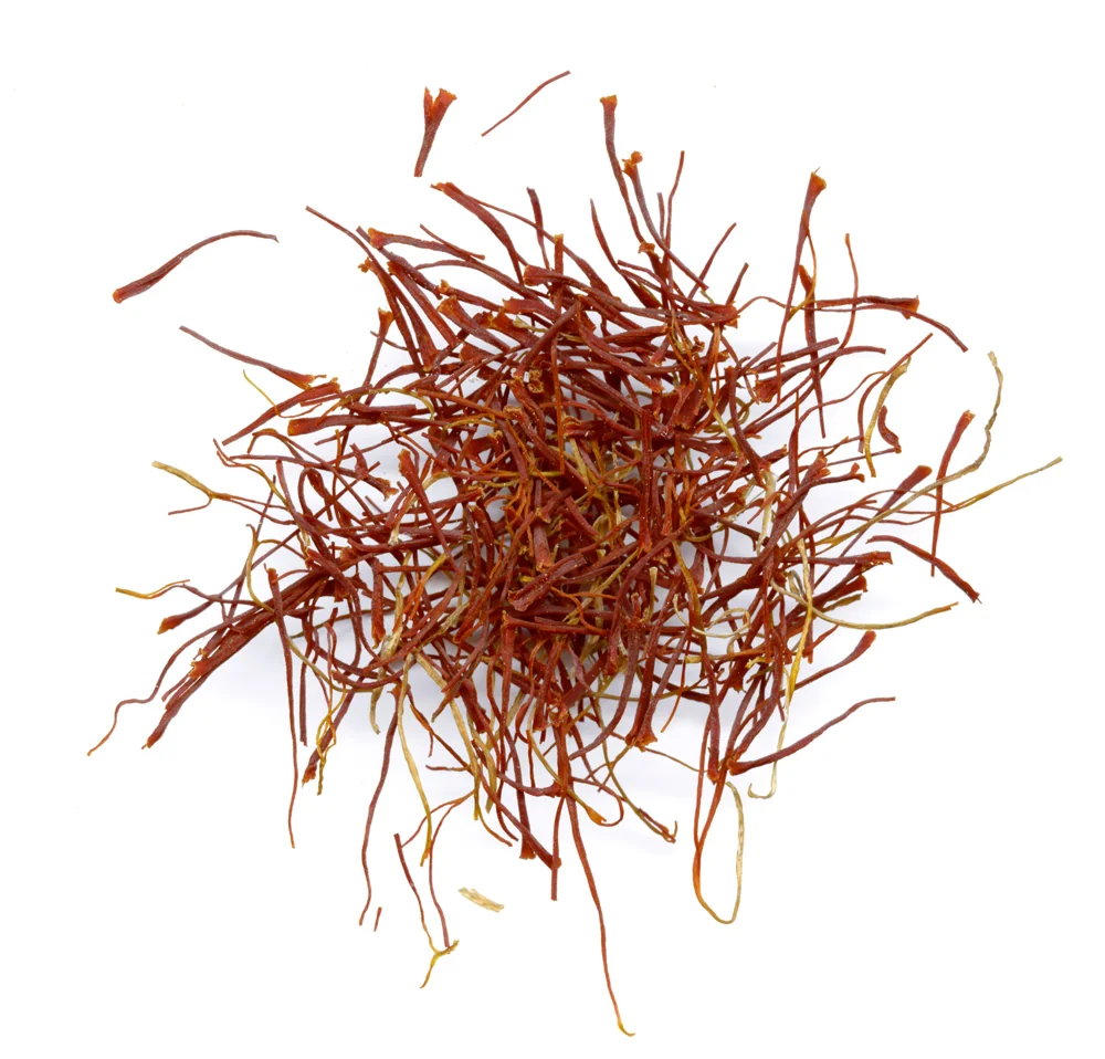 Close-up photograph of red saffron threads