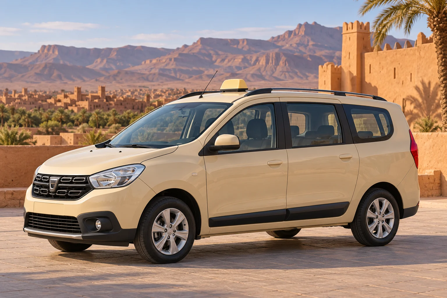 Illustration of a beige long passenger MPV grand taxi in a Moroccan setting