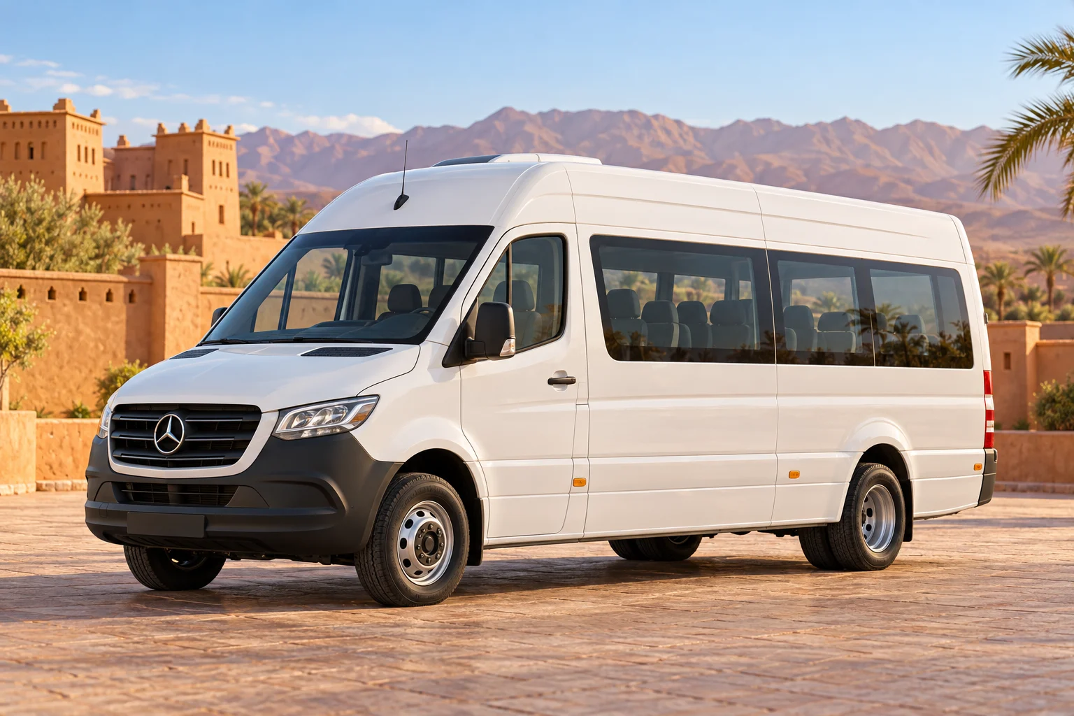 Illustration of a white high-roof tourist minibus in a Moroccan setting