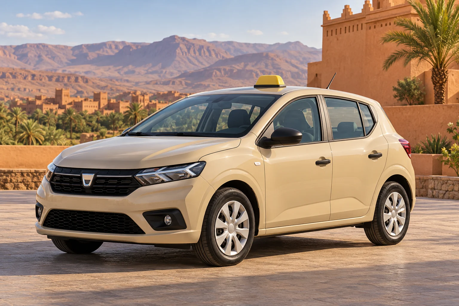 Illustration of a compact beige petit taxi hatchback in a Moroccan setting