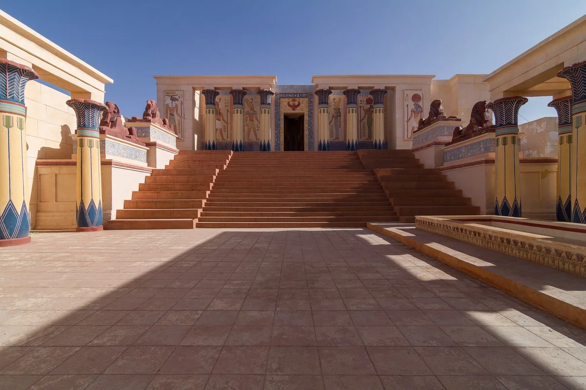 Egyptian columns and broad stone steps at the Cleopatra Palace film set in Atlas Studios, Ouarzazate