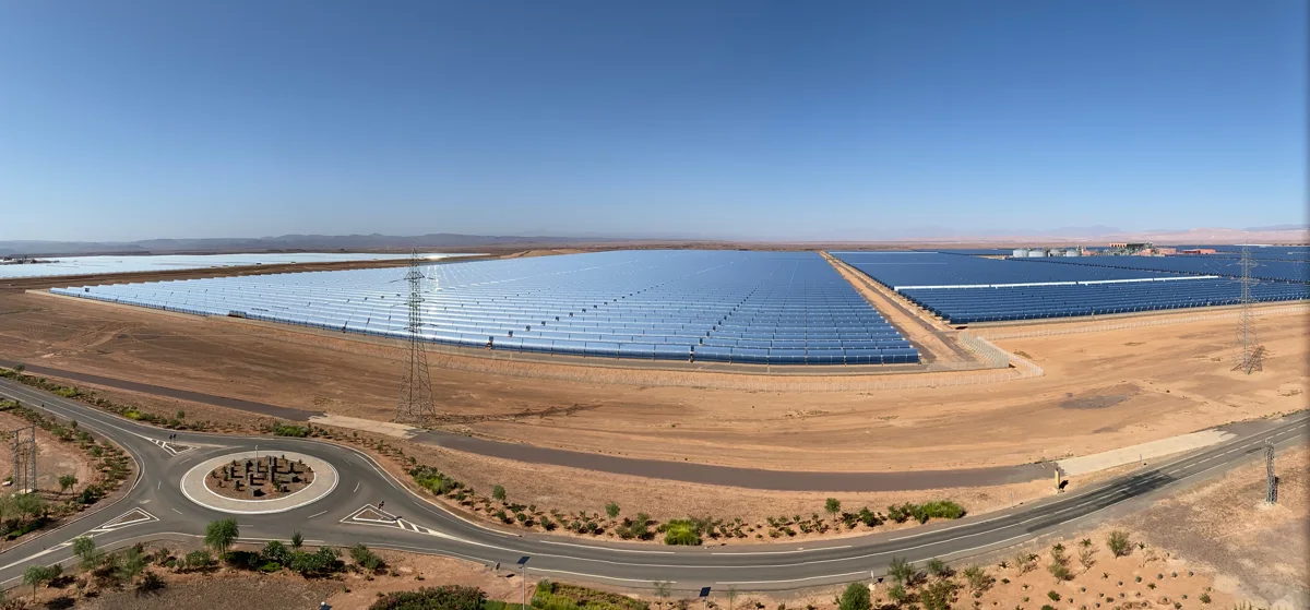 Mirror fields of NOOR I and II near Ouarzazate photographed from an elevated viewpoint